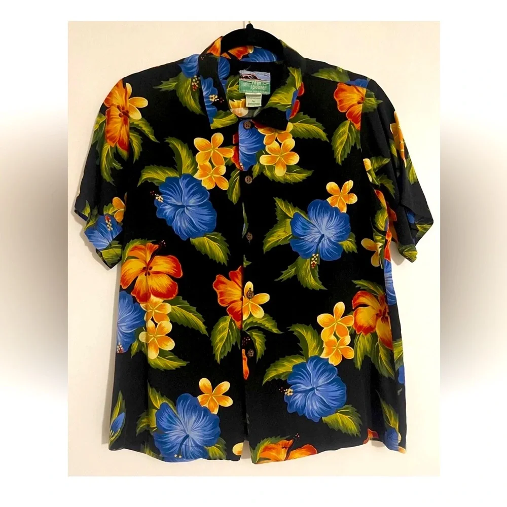 reyn spooner Kids Black Hawaiian Shirt with Blue, Yellow & Orange Floral Print